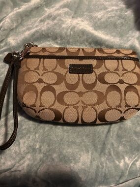 Coach Khaki and Brown Signature Canvas Wristlet